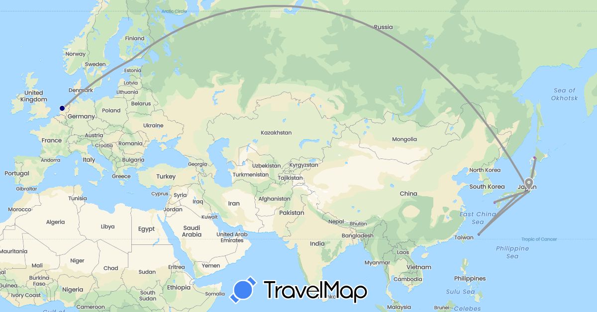 TravelMap itinerary: driving, bus, plane, train in Finland, Japan, Netherlands (Asia, Europe)